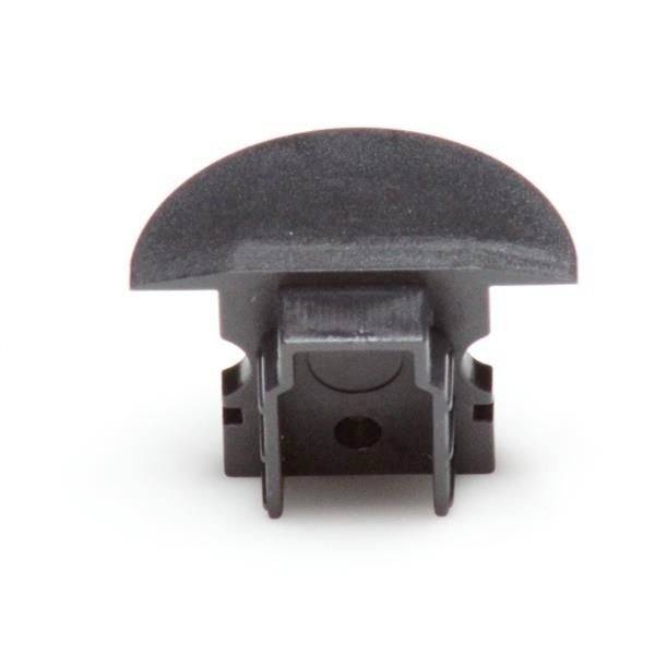 Czarny element z tworzywa sztucznego z górną częścią w kształcie półkola, prawdopodobnie element osłonowy lub zatrzask do specjalnego urządzenia.