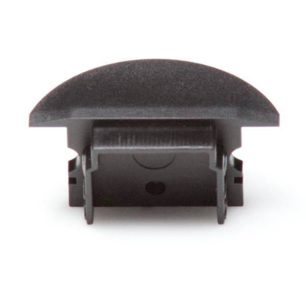 Czarny, półokrągły plastikowy zamknięcie do kanałów kablowych, widziany z przodu. Idealny do zakrywania otwartych końców.