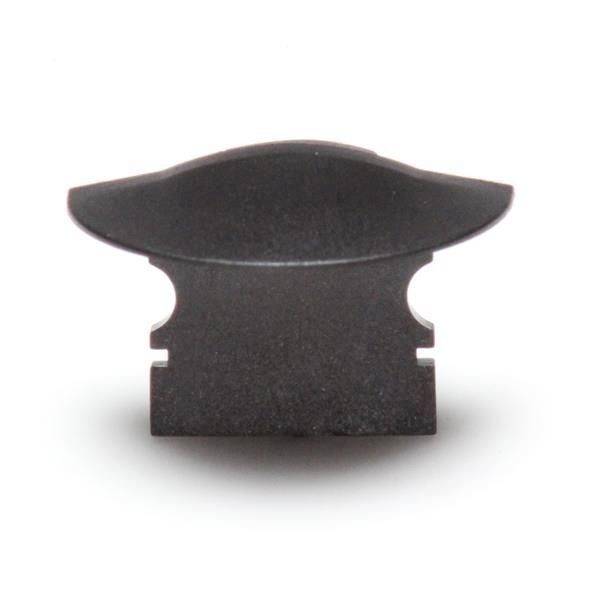 Plastikowy klips w kształcie miniaturowego kapelusza, w ciemnoszarym kolorze, stosowany do montażu mebli lub podobnych zastosowań.
