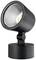 Czarny reflektor LED z okrągłą obudową, przeznaczony do oświetlenia wewnętrznego; głowica świetlna jest obrotowa i posiada powierzchnię odbijającą.