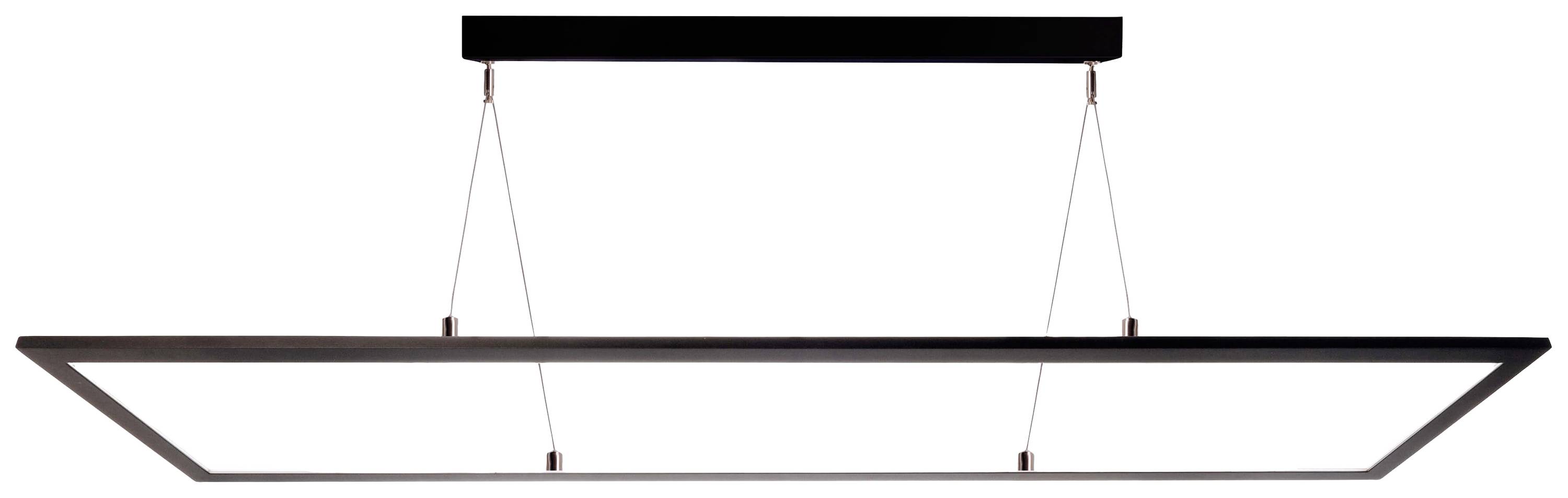 Prostokątna lampa sufitowa z czarnego metalu o smukłej ramie, zawieszona na cienkich linkach, minimalistyczna i nowoczesna.