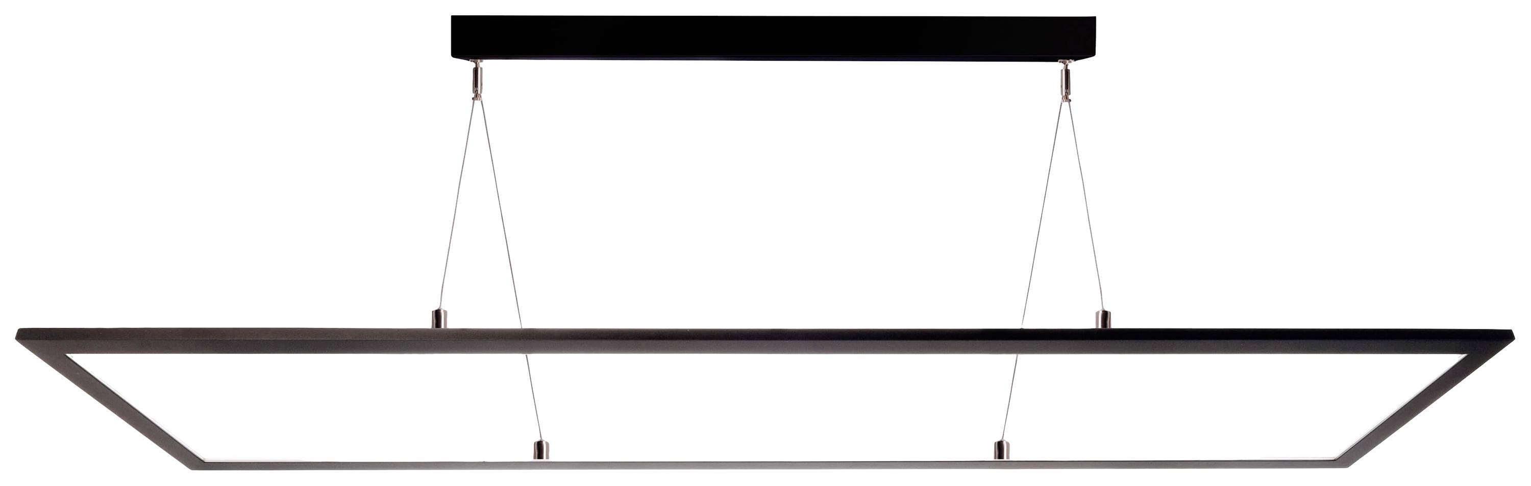 Prostokątna nowoczesna lampa wisząca o minimalistycznym designie, zawieszona na cienkich linach stalowych przy suficie.