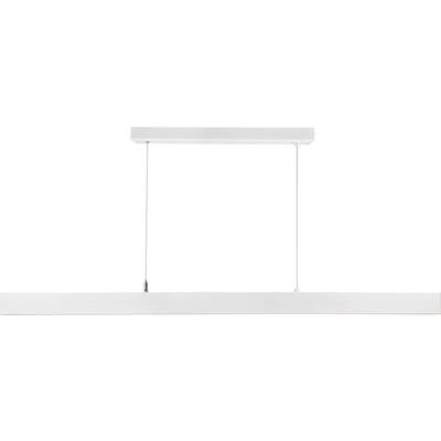 Prostokątna, nowoczesna, wisząca lampa LED w białym kolorze, zawieszona na dwóch cienkich przewodach, przeznaczona do montażu sufitowego. Minimalistyczny design.