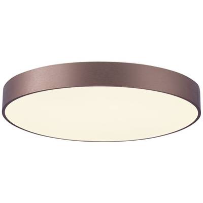 Okrągła, płaska lampa sufitowa z brązową obwódką, która emituje równomierne, ciepłe białe światło. Idealna do nowoczesnych wnętrz.