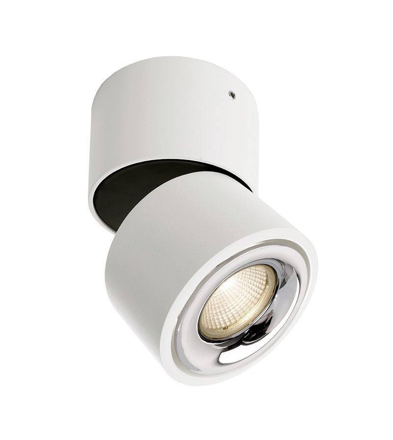 Biała, cylindryczna lampa sufitowa z regulowanym reflektorem, skierowana w dół, idealna do nowoczesnych wnętrz.