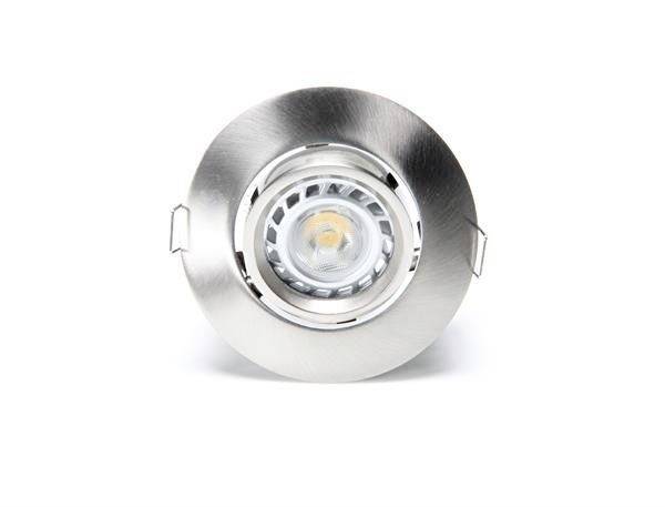 Okrągła oprawa wpuszczana w kolorze srebrnym z lampą LED pośrodku, odpowiednia do montażu w sufitach lub ścianach.