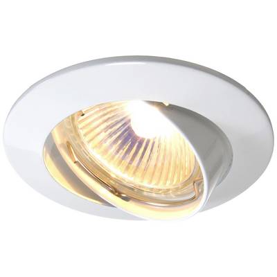 Okrągła, biała lampa sufitowa z zintegrowanym, jasno świecącym reflektorem halogenowym, którego wewnętrzny reflektor wskazuje kierunek świecenia.