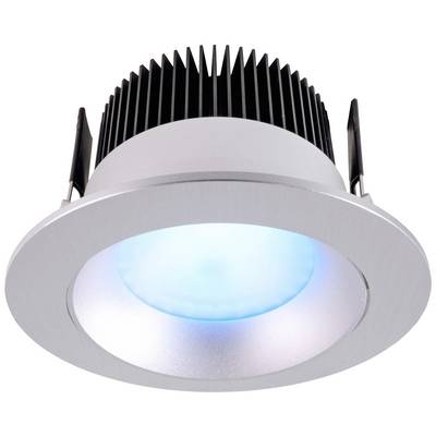 Okrągła lampa sufitowa LED z srebrną ramką i niebieskim podświetleniem w centrum.