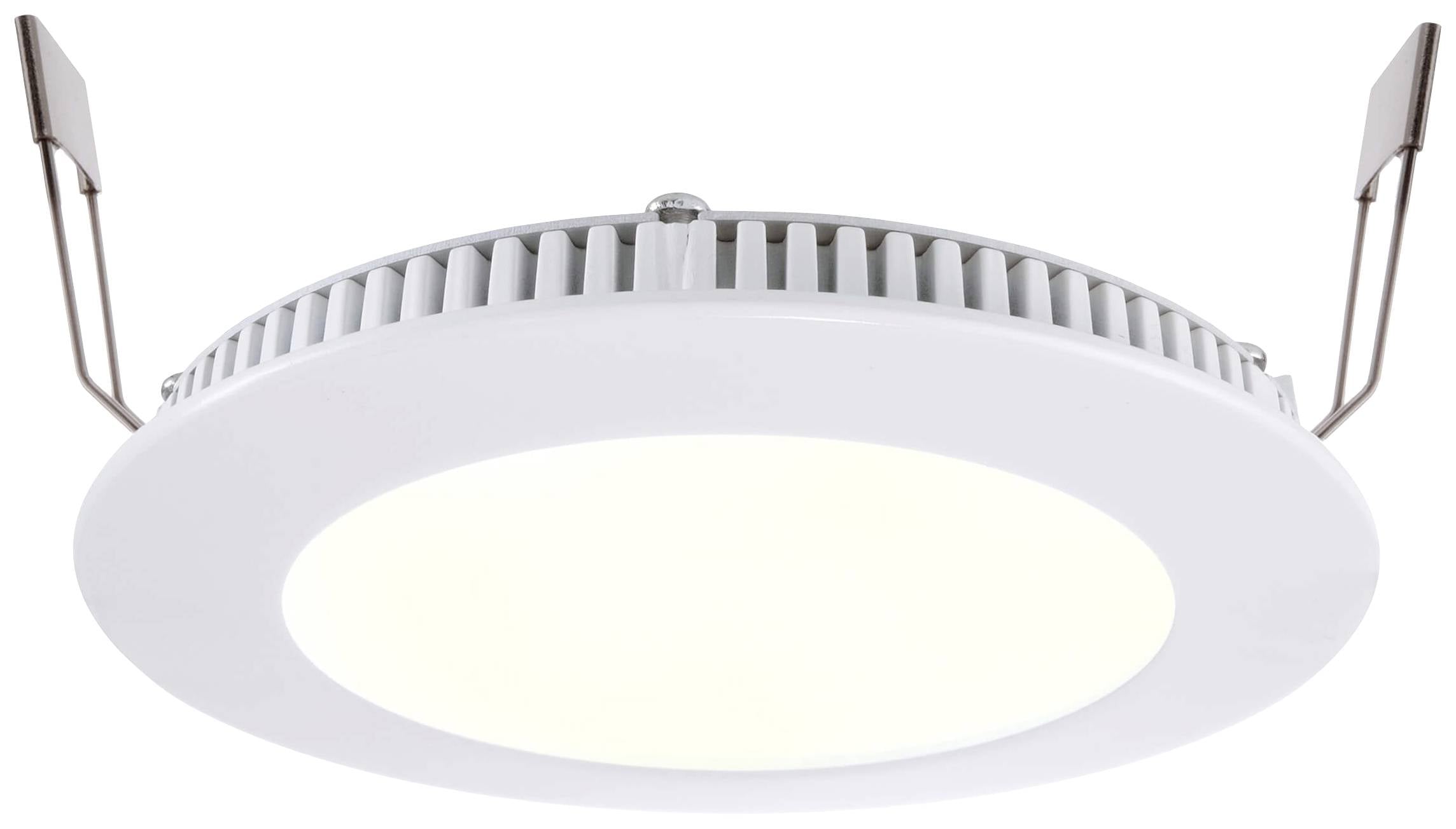 Okrągła, biała lampa sufitowa LED z dwoma metalowymi uchwytami po bokach, świecąca jasnym światłem.