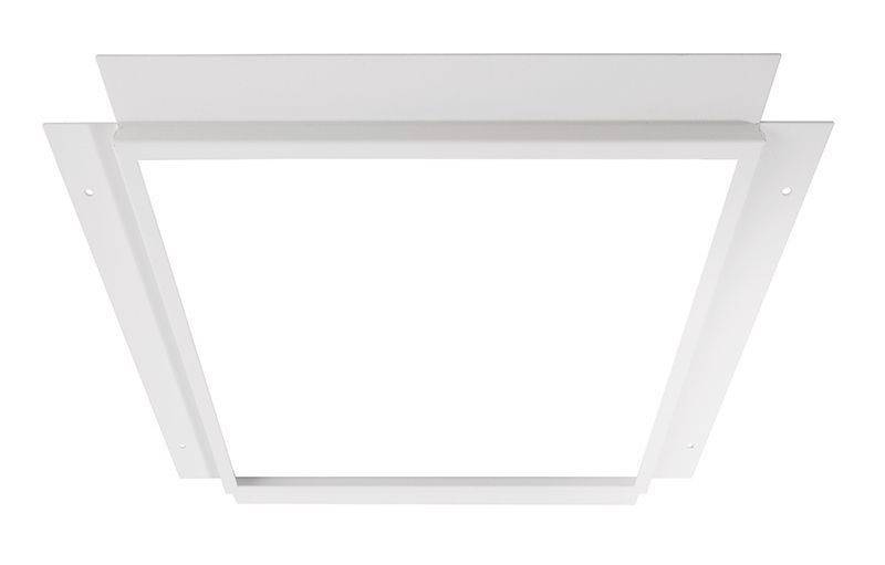 Biała kwadratowa lampa LED do sufitów podwieszanych, o krawędziach lekko wygiętych na zewnątrz, z centralną płaszczyzną świetlną.