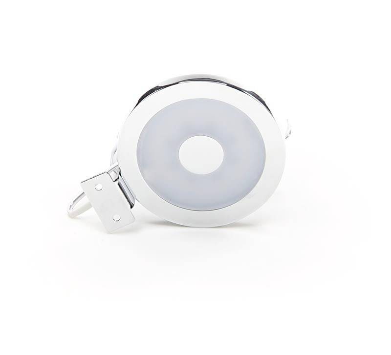 Okrągły, srebrny przedmiot z białym obszarem centralnym. Prawdopodobnie jest to światło lub urządzenie techniczne.