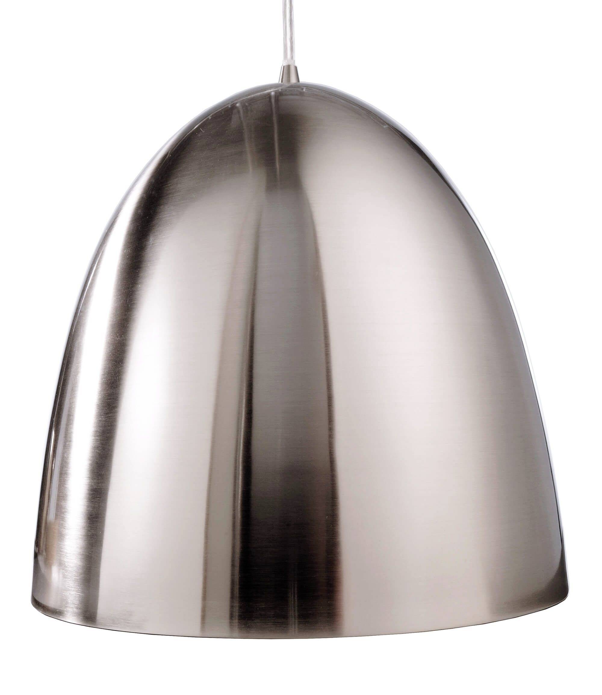 Srebrna lampa wisząca w gładkiej, kopulastej formie. Oprawa wisząca wykonana z szczotkowanego metalu, o nowoczesnym i minimalistycznym designie.