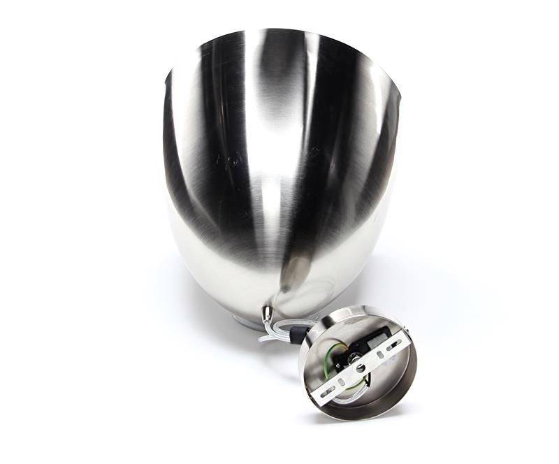 Metalowa miska z odkręconym spodem, ukazująca wewnętrzne komponenty elektryczne. Odpowiednia do instrukcji naprawy lub montażu.