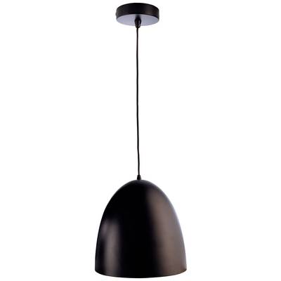 Czarna, nowoczesna lampa wisząca o gładkiej, półokrągłej formie i wąskim przewodzie, zawieszona od sufitu.