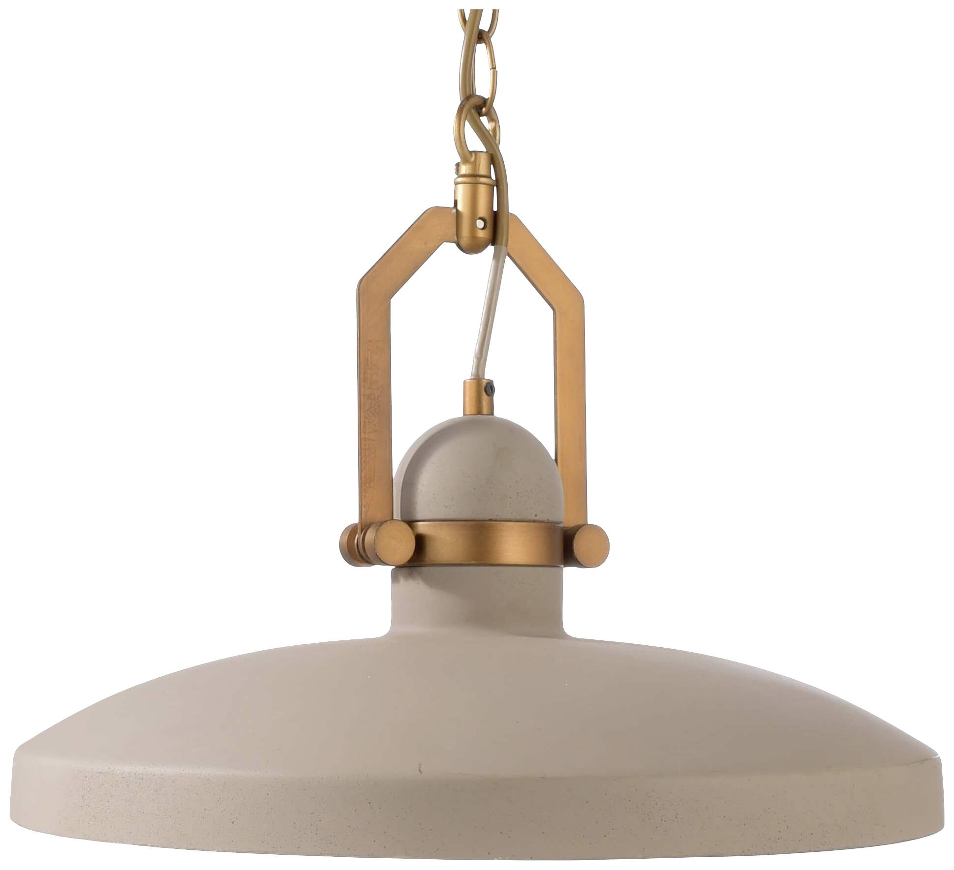 Lampa wisząca z okrągłym, beżowym kloszem i złotą metalową konstrukcją, zawieszona na złotym łańcuchu.