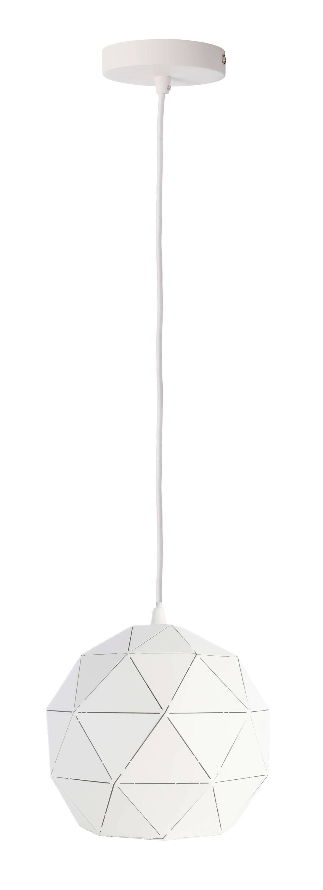 Biała, geometryczna lampa wisząca z trójkątnymi wzorami, zawieszona pod sufitem.