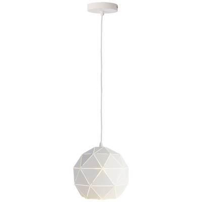 Biała geometryczna lampa wisząca ze stałymi, równomiernie rozmieszczonymi trójkątnymi wzorami. Zawieszona na białym przewodzie.