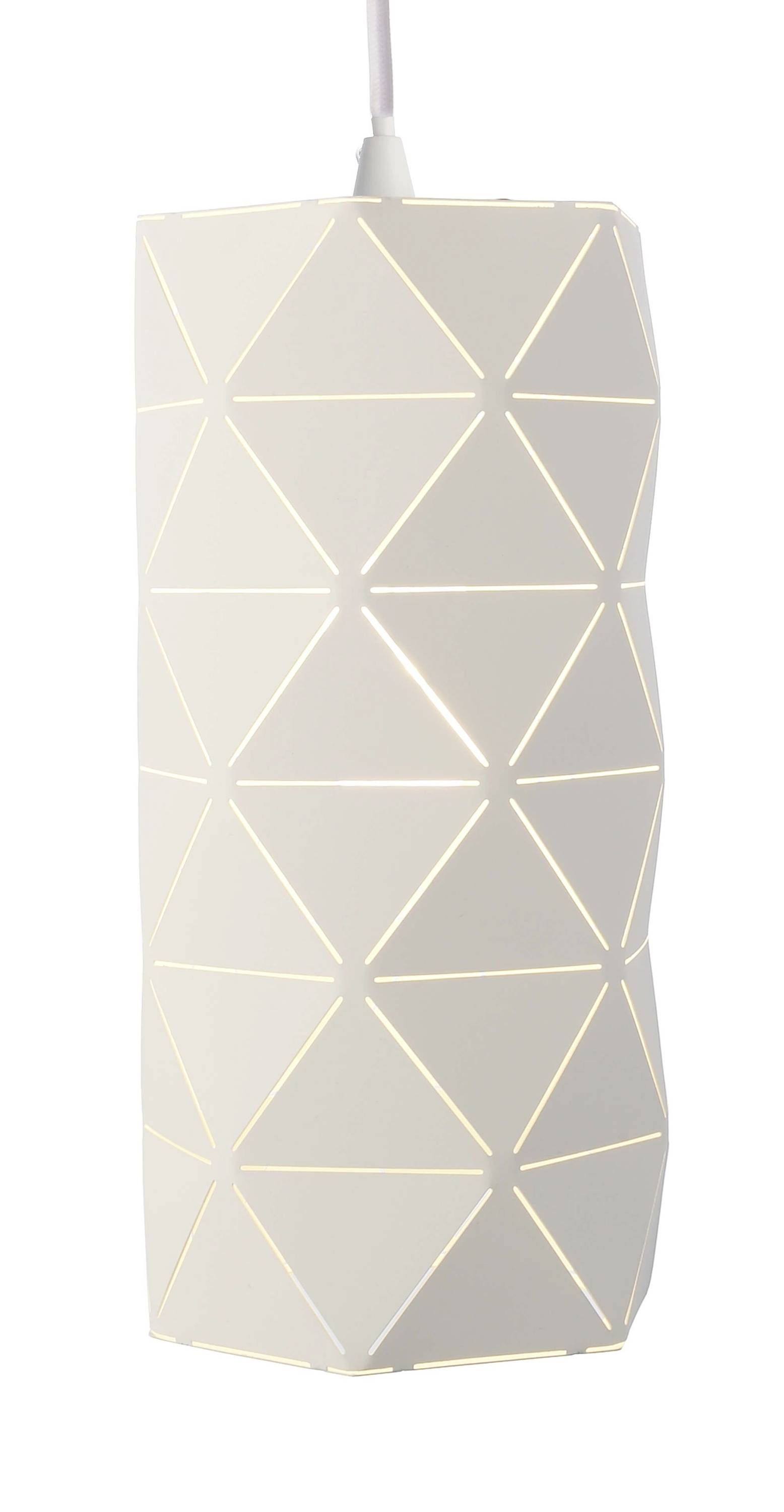 Lampa wisząca w kształcie cylindra z geometrycznym wzorem. Wykonana z białego materiału, emitująca światło przez trójkątne wycięcia.