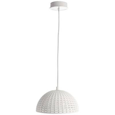 Biała, wisząca lampa sufitowa z kloszem w kształcie siatki. Elegancka i nowoczesna, idealna do współczesnych wnętrz mieszkalnych.