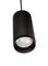 Czarna cylindryczna lampa wisząca z widocznym źródłem światła LED.