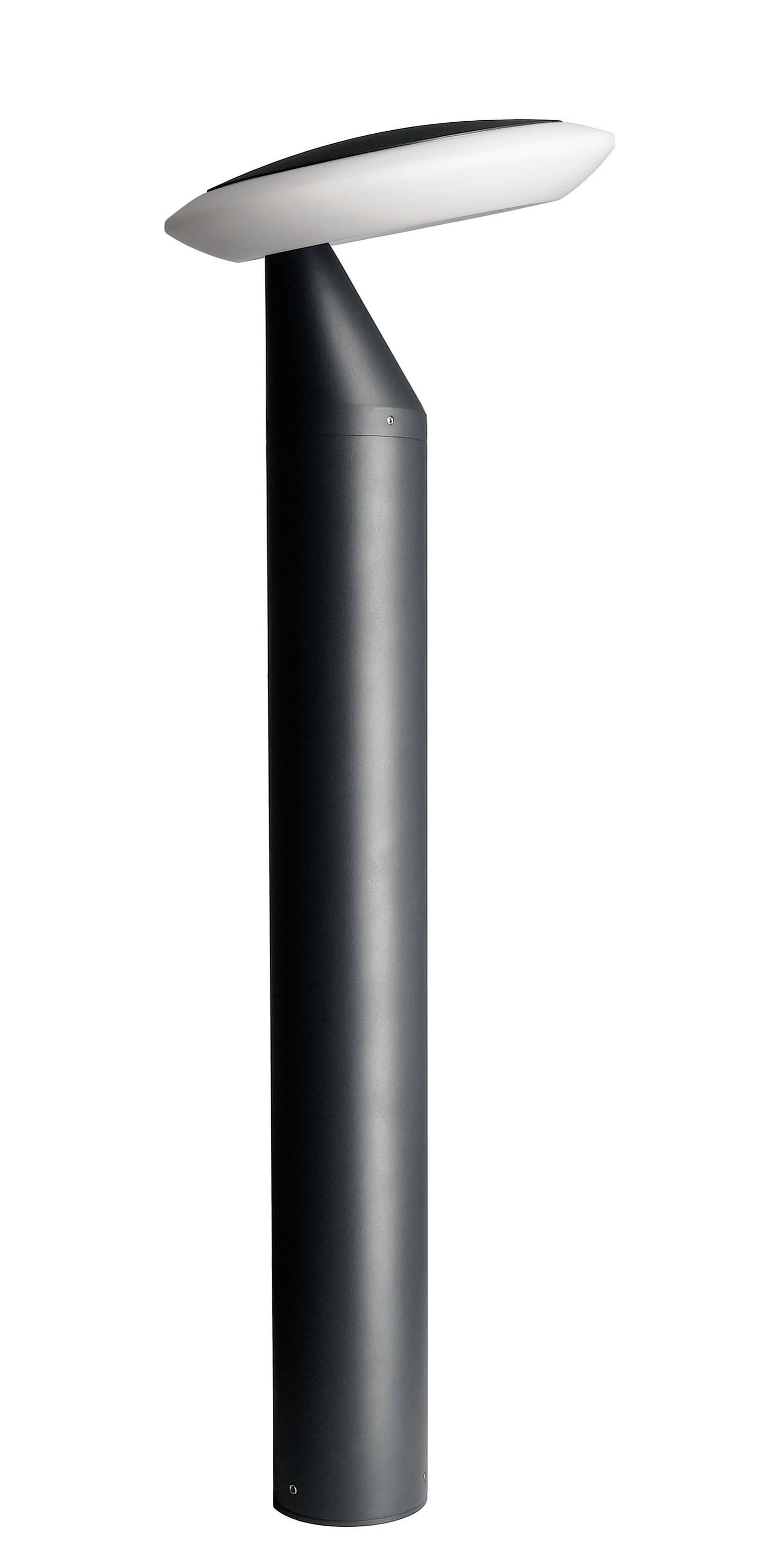 Nowoczesna czarna lampa stojąca z ukośnym, białym kloszem skierowanym ku górze, o minimalistycznym designie.