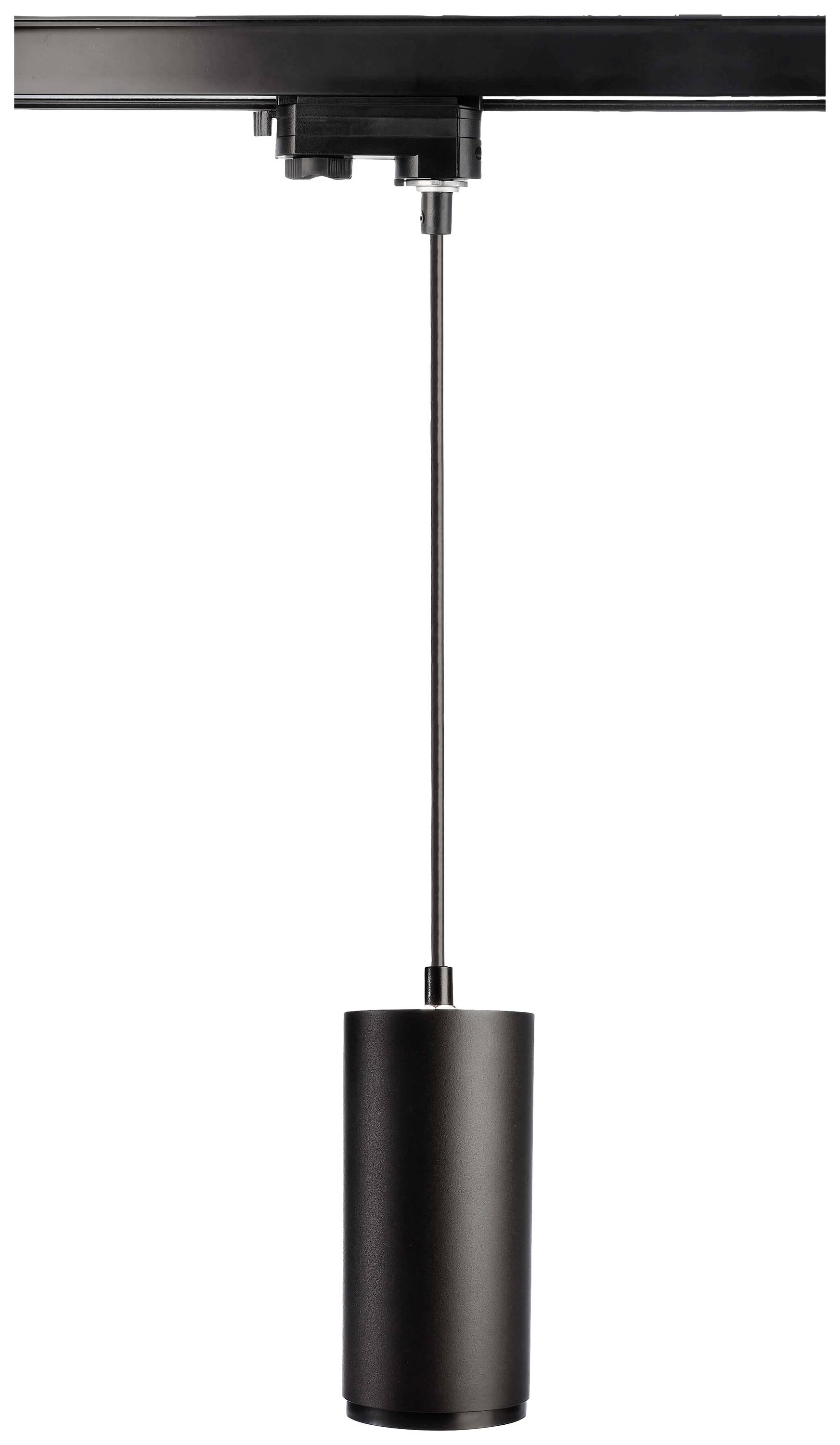 Czarna, cylindryczna lampa wisząca zwiesza się z szyny sufitowej.