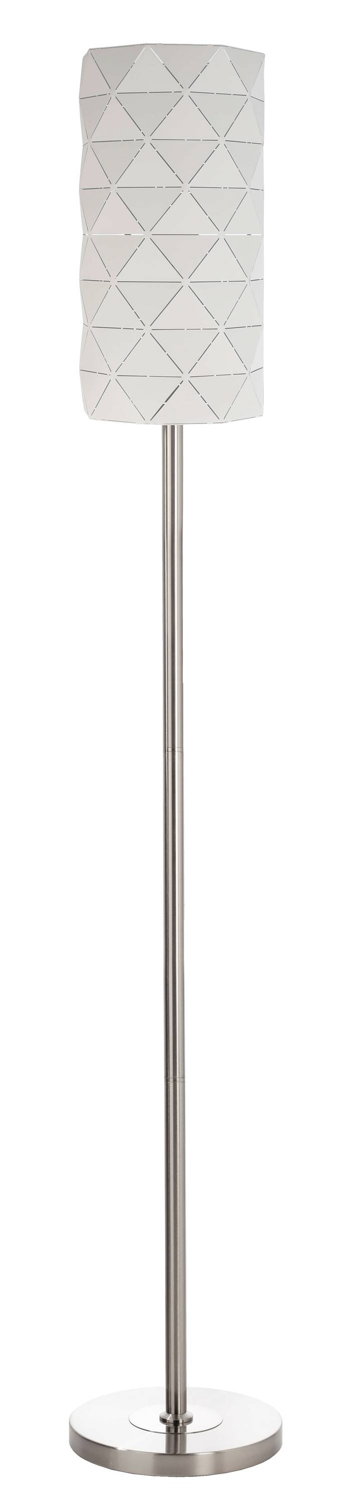 Lampa stojąca z nowoczesnym, srebrnym metalowym stojakiem i cylindrycznym, biało-wzorzystym abażurem.