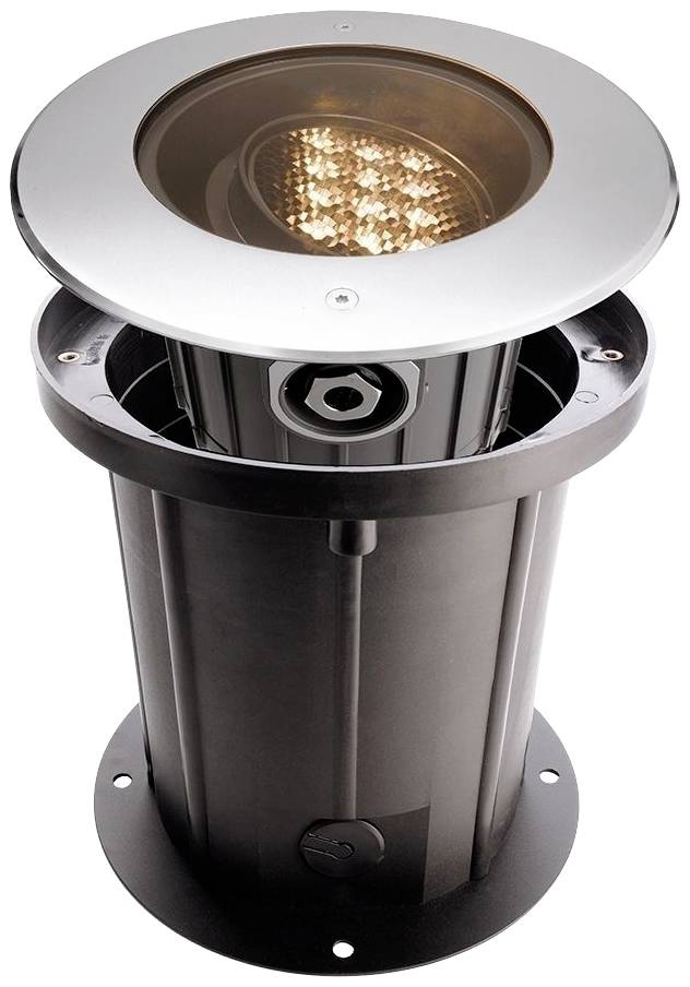 Oprawa wpuszczana z okrągłą metalową ramką i przezroczystą szybą, nadająca się do montażu naziemnego w przestrzeniach zewnętrznych.