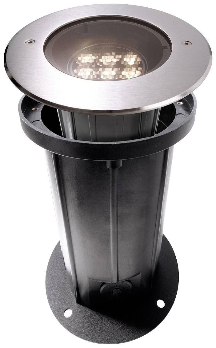 Lampa naziemna z metalu z okrągłą górną częścią i widocznymi diodami LED. Odpowiednia do oświetlania ścieżek lub ogrodów.