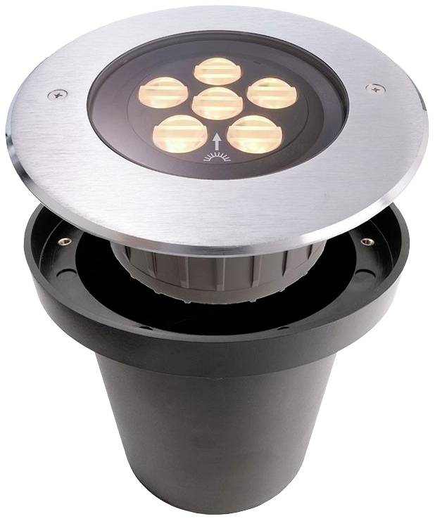 Oprawa najazdowa z metalu z sześcioma widocznymi lampami LED, idealna do oświetlenia zewnętrznego w ogrodach lub na podjazdach.