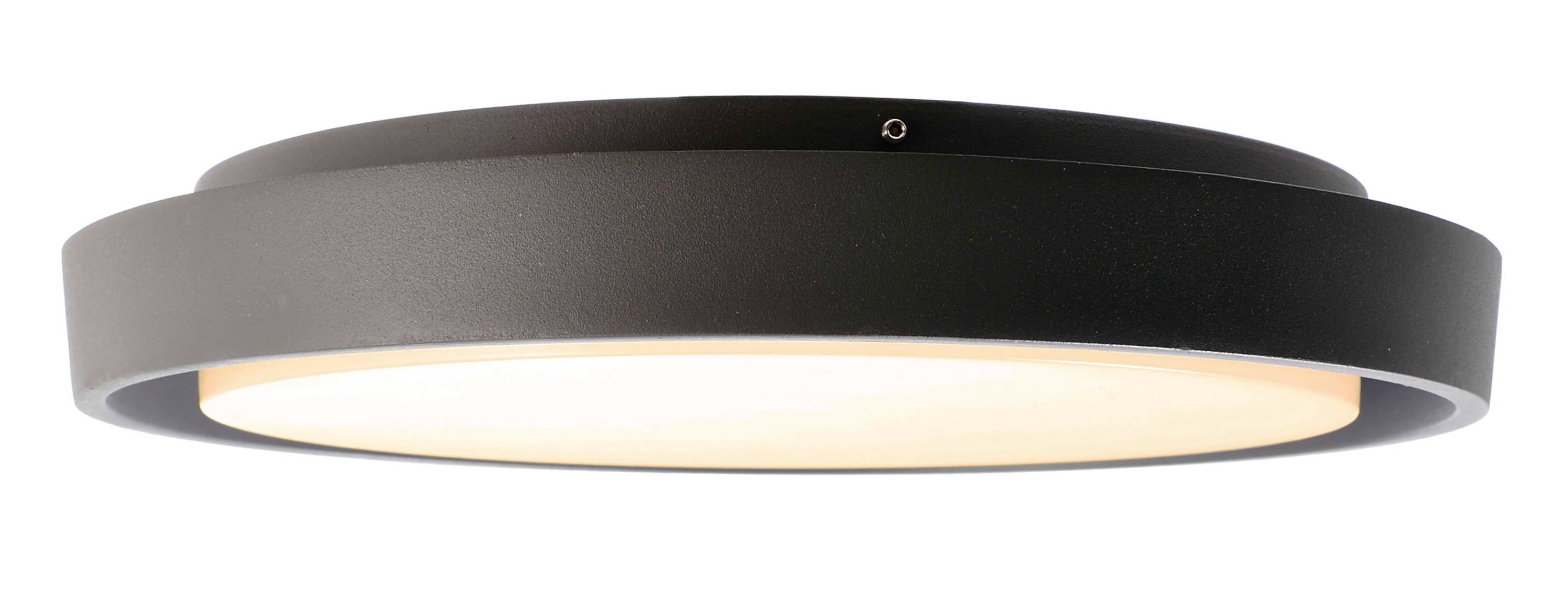 Prosta, okrągła lampa sufitowa w czarnej ramie z dyfuzorem, rozpraszająca miękkie, ciepłe światło. Idealna do nowoczesnych wnętrz.