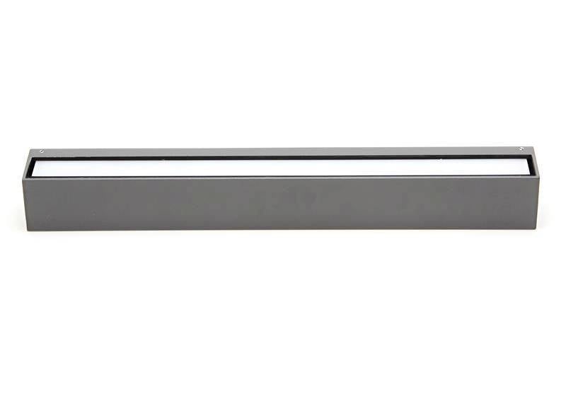 Szara, prostokątna lampa LED w poziomej orientacji, włączona. Minimalistyczny design bez widocznych szczegółów.