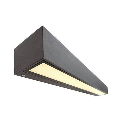 Prostokątna lampa ścienna LED w kolorze czarnym z żółtawo świecącą strefą, odpowiednia do oświetlenia pośredniego we współczesnych wnętrzach.