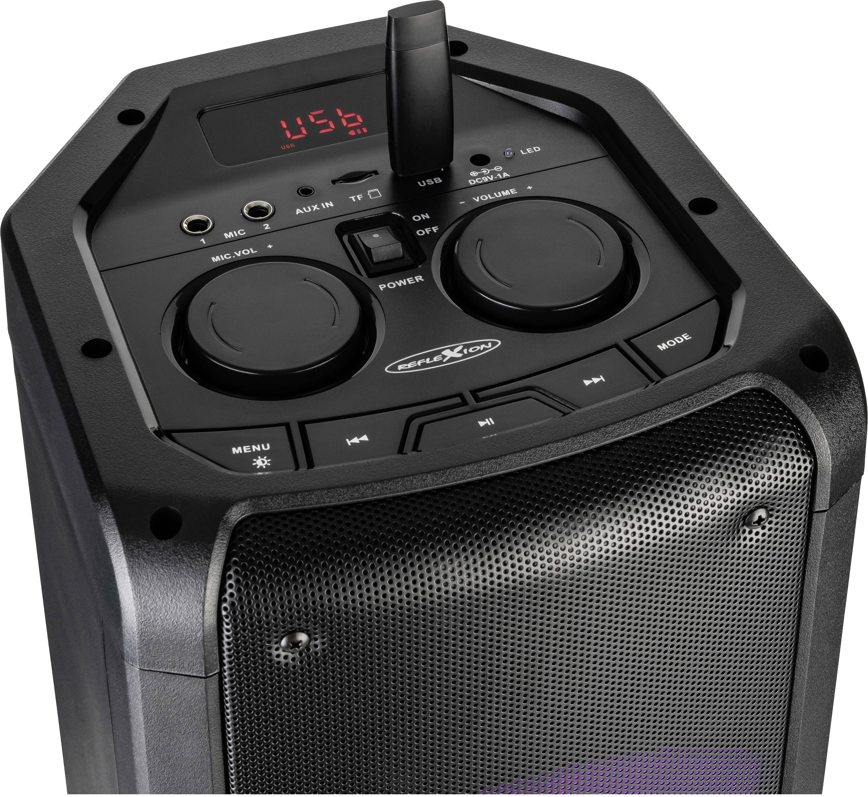 Przenośny głośnik z portem USB, pokrętłami do regulacji głośności i mikrofonu oraz wyświetlaczem pokazującym 'USB'.