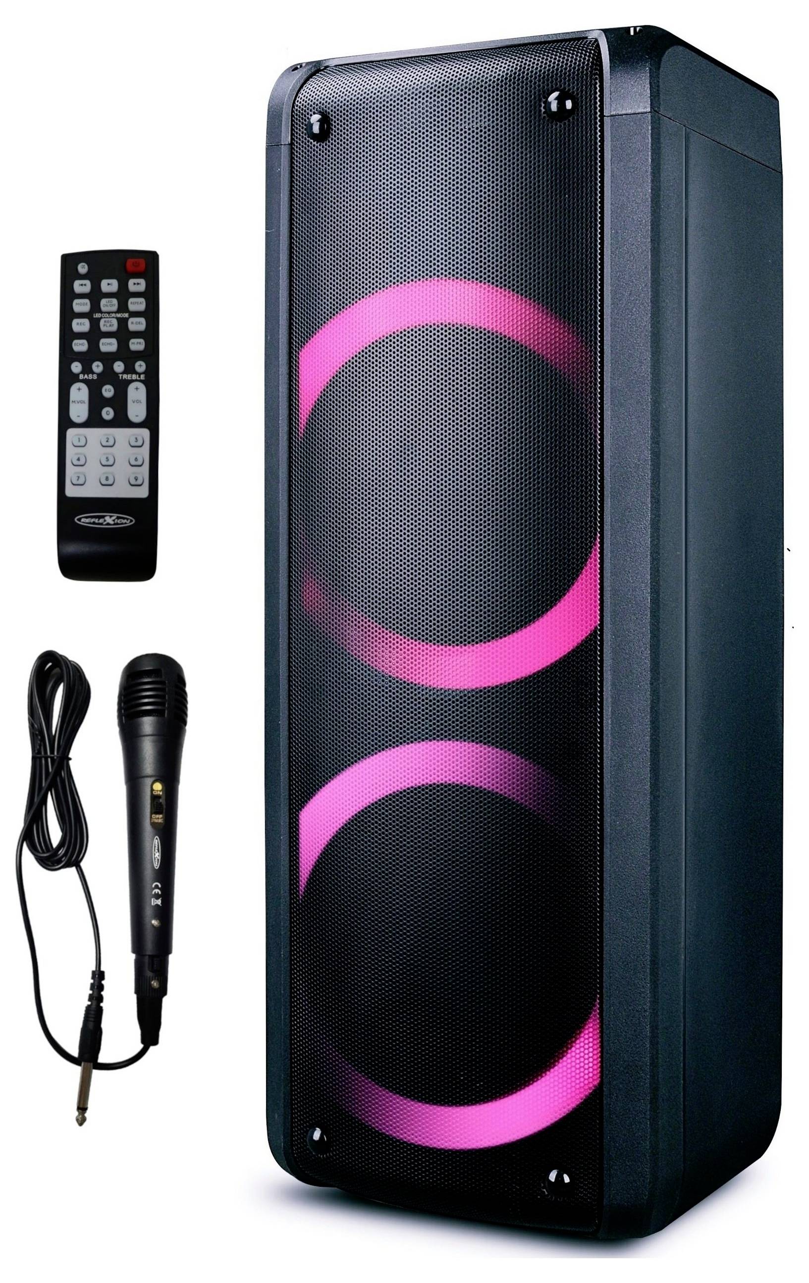Przenośny głośnik imprezowy z różowymi pierścieniami LED, pilotem zdalnego sterowania i przewodowym mikrofonem na białym tle.