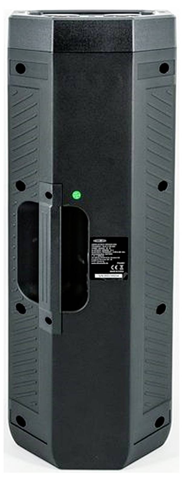 Wysoka czarna obudowa głośnika w kształcie wieży z uchwytami bocznymi i małą zieloną lampką wskaźnika, widok od frontu na białym tle