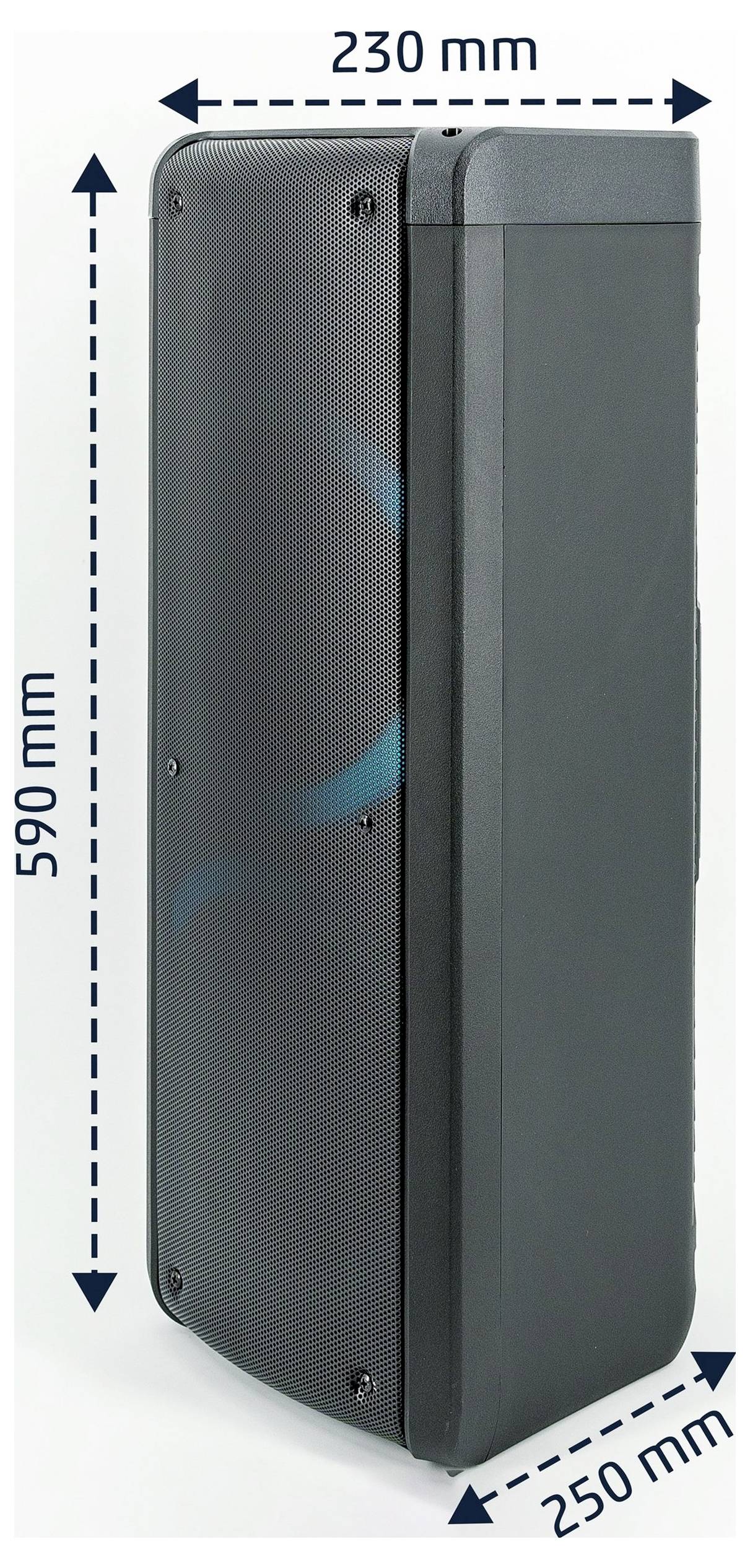 Wymiarowany obraz wysokiej prostokątnej obudowy głośnika, oznaczony 590 mm wysokości, 230 mm szerokości i 250 mm głębokości.