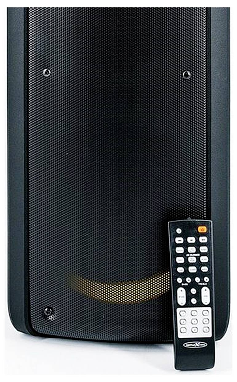 Czarny przenośny głośnik z pilotem zdalnego sterowania opartym o niego na białym tle.