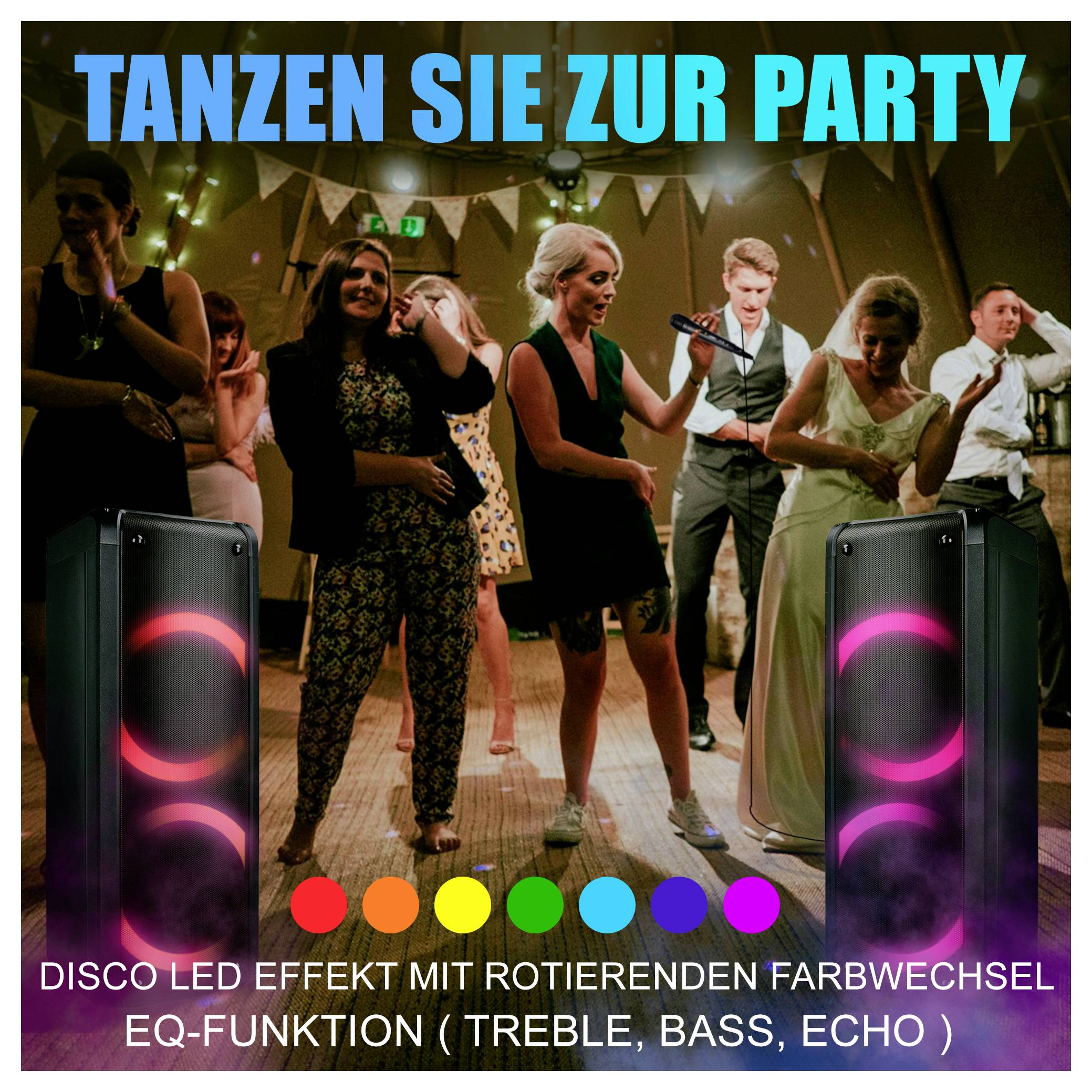 Uczestnik imprezy tańczy przed dwoma oświetlonymi głośnikami; u góry napisem "TAŃCZCIE NA IMPREZIE", u dołu "EFEKT DISCO LED Z OBRACAJĄCĄ SIĘ ZMIANĄ KOLORU FUNKCJA EQ (WYSOKIE TONY, BASY, ECHO)"