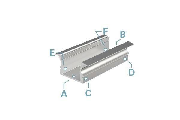 Element metalowy z sześcioma oznaczonymi punktami (A-F) przedstawia profil aluminiowy przeznaczony do zastosowań budowlanych. Punkty oznaczają kluczowe elementy mocujące lub łączące.