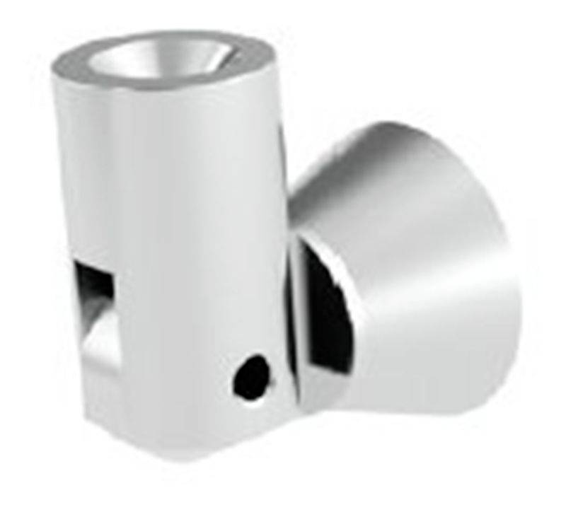 Srebrny, cylindryczny element z otworem gwintowanym i mocowaniem stożkowym. Stosowany głównie do mocowania na ścianach.