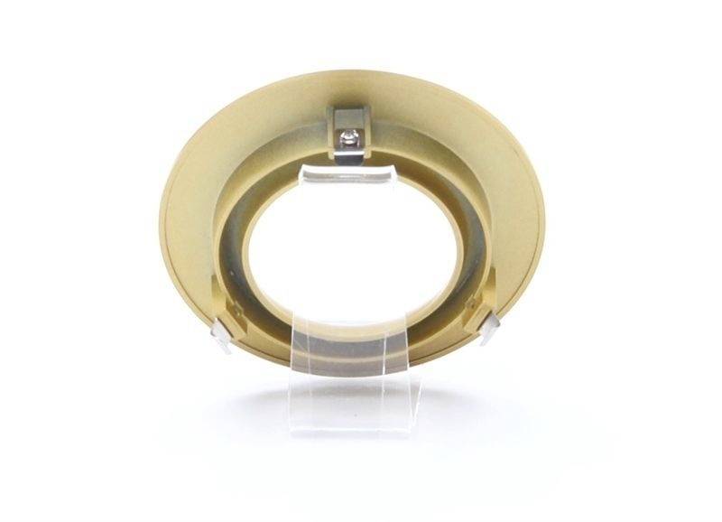 Okrągły, złotawy uchwyt lampy z centralnym otworem i przezroczystym elementem podporowym. Odpowiedni do lamp sufitowych.