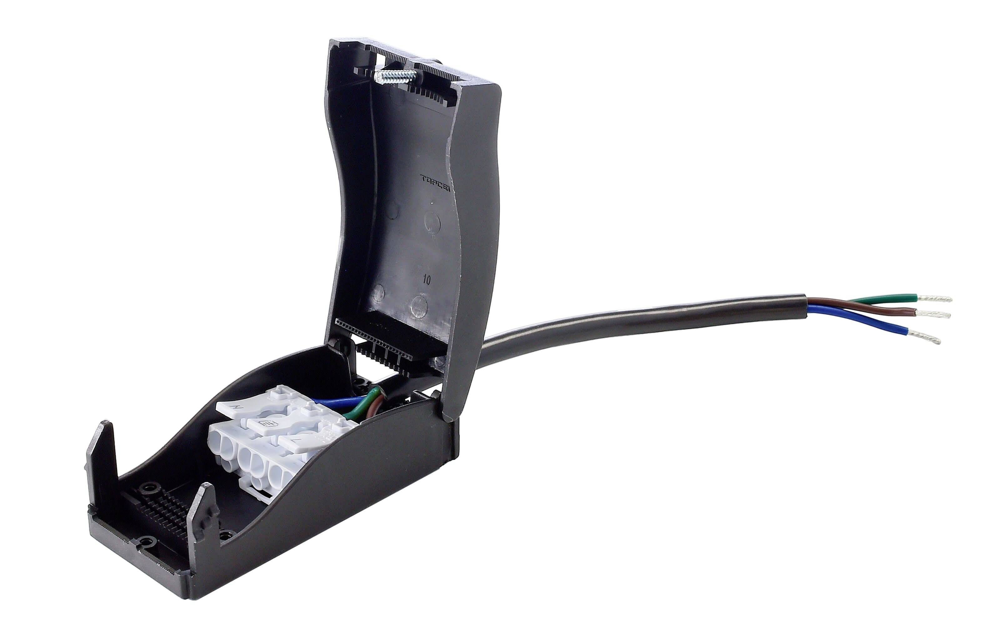 Czarna elektryczna puszka przyłączeniowa z otwartą pokrywą, ukazująca wewnętrzne połączenia przewodów i trzy kolorowe kable: niebieski, brązowy, zielono-żółty.