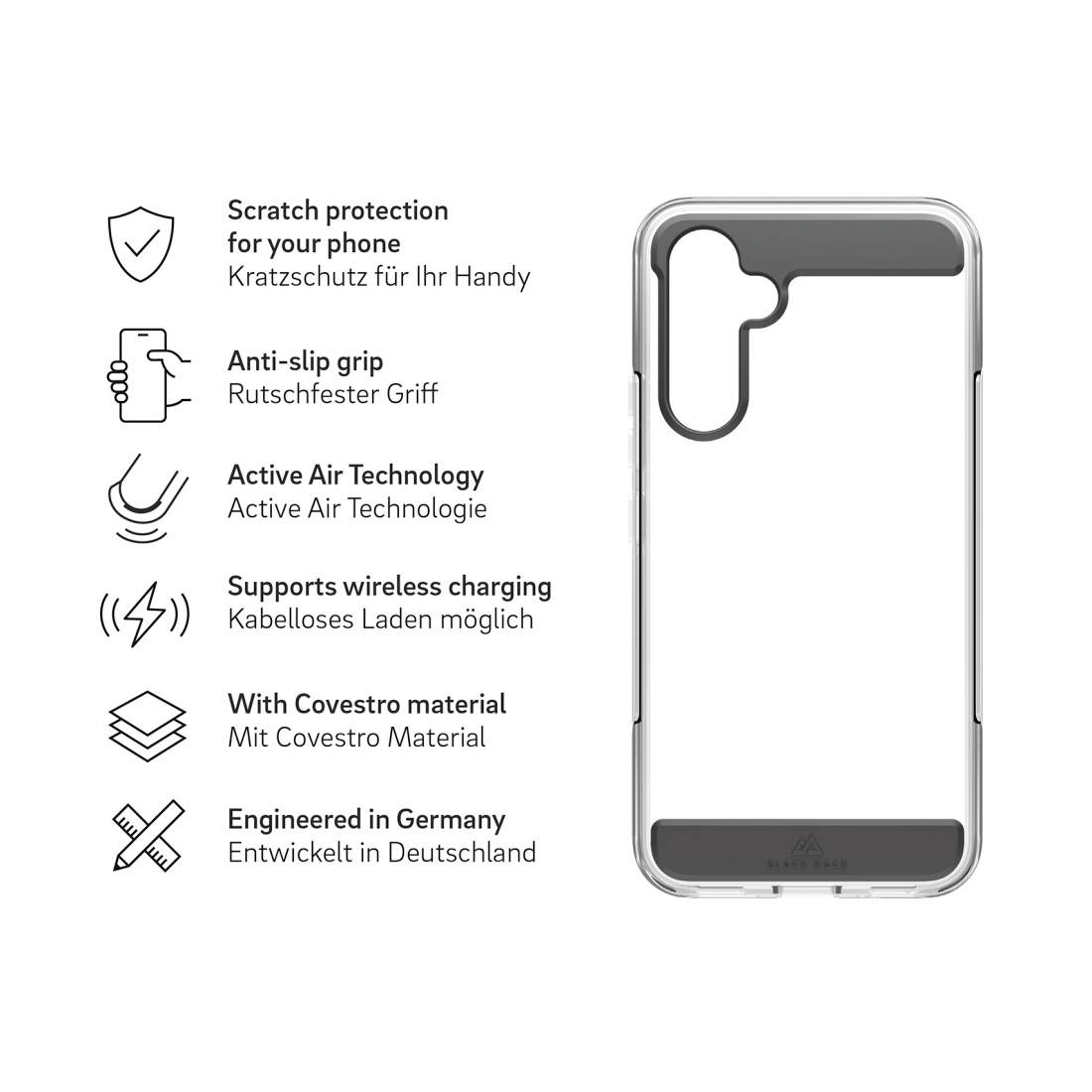 Przezroczyste etui na telefon z funkcjami ochronnymi: odporne na zarysowania, antypoślizgowe, kompatybilne z ładowaniem bezprzewodowym, wykonane z materiału Covestro, opracowane w Niemczech.
