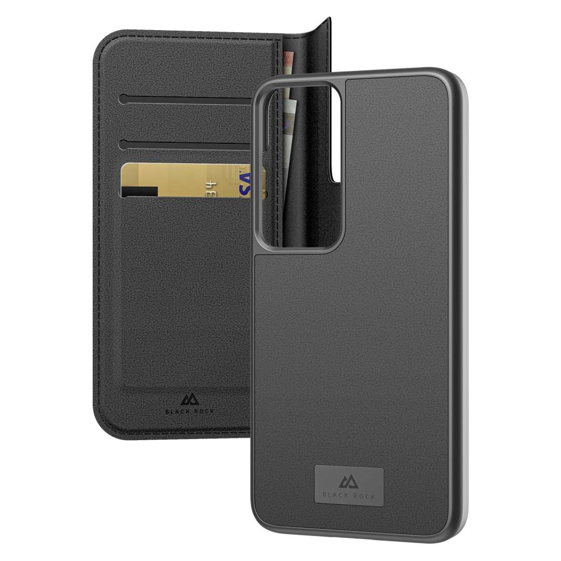 Czarna obudowa na telefon z kieszonkami na karty, prezentowana z przodu i z tyłu. Idealna do przechowywania kart i ochrony urządzenia.