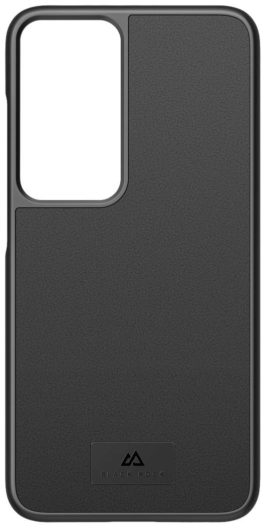 Czarna obudowa na telefon o smukłej sylwetce z dużym wycięciem na aparat i przyciski. Na dole znajduje się małe logo z napisem.