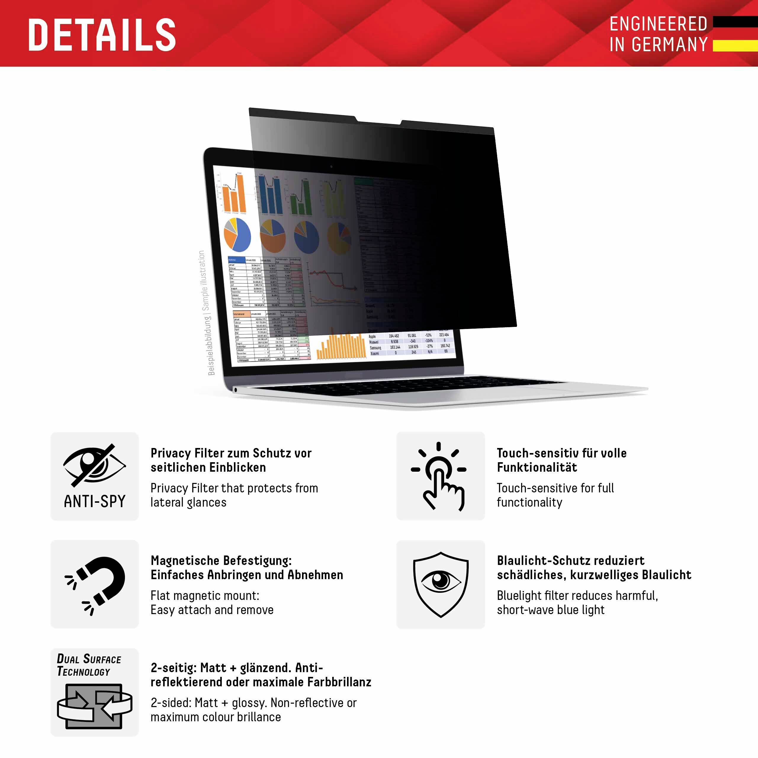 Laptop z wbudowanym filtrem prywatności. Symbole ilustrują funkcje: ochrona danych, ekran dotykowy, obniżona emisja niebieskiego światła. Zaprojektowany w Niemczech.