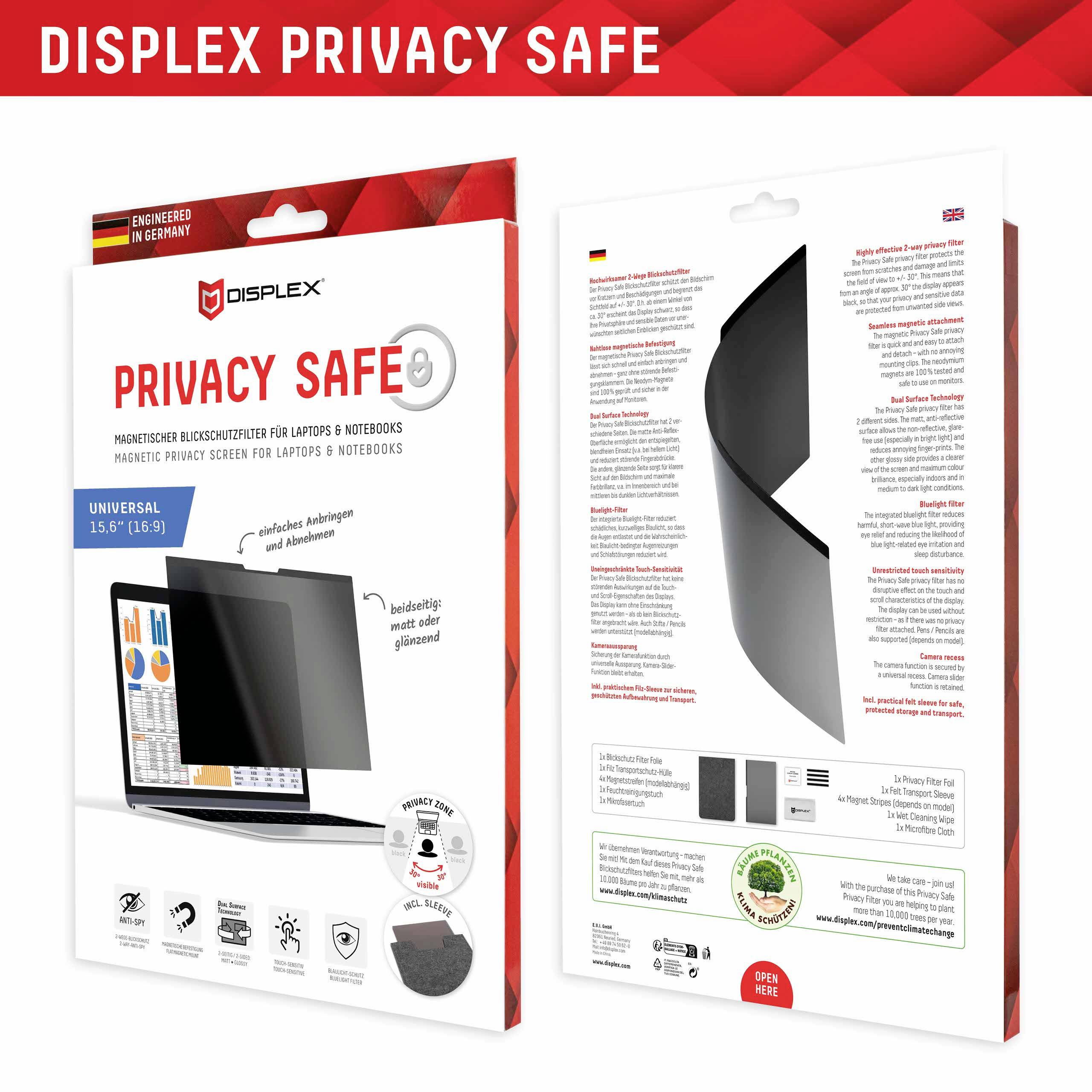 Opakowanie 'DISPLEX Privacy Safe' z widokiem na przód i tył. Zawiera uniwersalną magnetyczną folię chroniącą przed wglądem do laptopów o przekątnej 15,6".