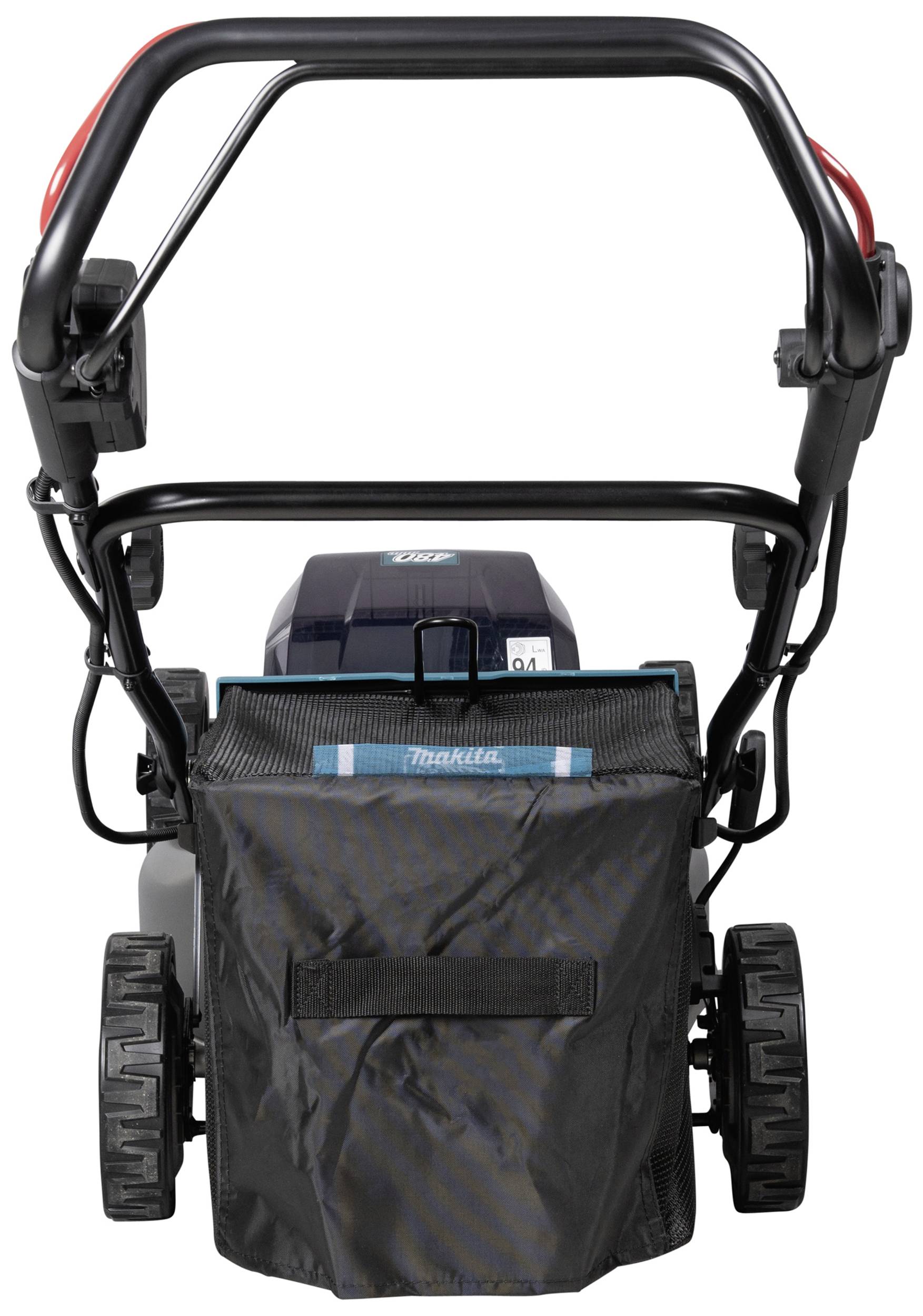 Kosiarka z tyłu z koszem na trawę i dużymi kołami, odpowiednia do pielęgnacji ogrodu.