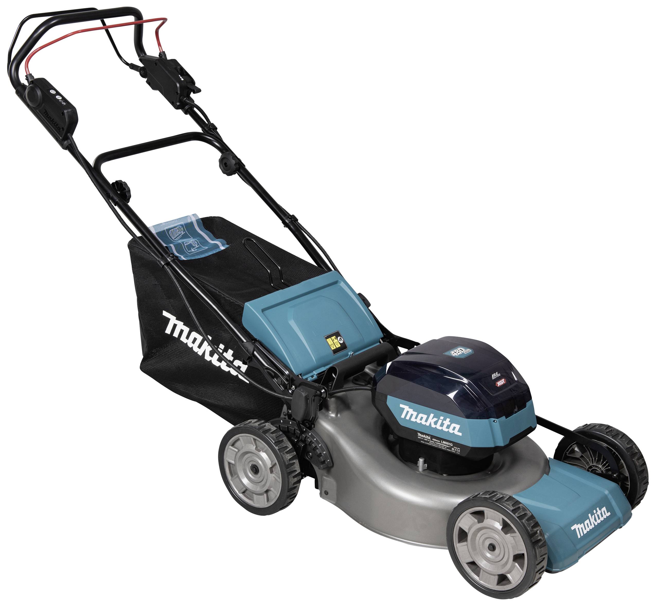 Kosiarka z niebieską obudową i czarnymi uchwytami, odpowiednia do koszenia średniej wielkości trawników; marka 'Makita'.